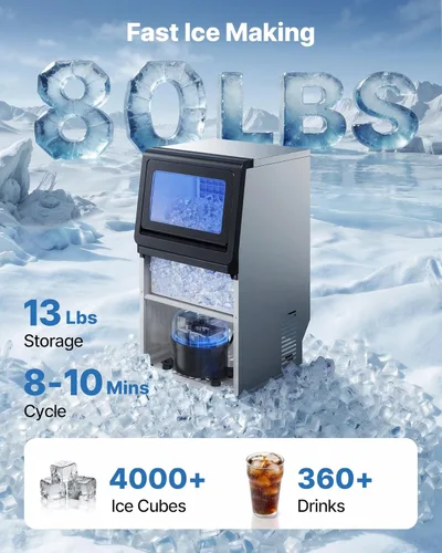 Miniatura 2 de VEVOR Máquina comercial para hacer hielo, 80 libras/24 horas con capacidad de almacenamiento de 13 libras, encimera, independiente/debajo