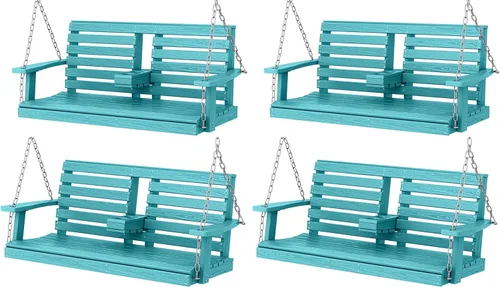Miniatura 11 de KINGYES Columpio colgante para porche al aire libre, silla de columpio de patio de 2 asientos con portavasos, banco impermeable para patio y jardín