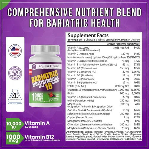 Miniatura 3 de ProCare Health Multivitamínico masticable bariátrico con hierro de 18 mg (30 tabletas) – Multivitamínico bariátrico con sabor a ponche de fruta
