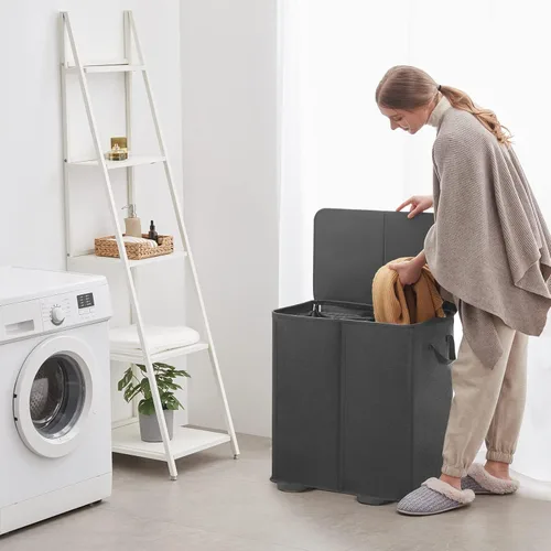 Miniatura 7 de Lifewit Cesta de lavandería doble con tapa y bolsas de lavandería extraíbles, gran plegable, 2 divisores, cesta de ropa sucia con asas para Negro