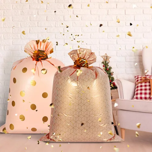 Miniatura 6 de Fulmoon 4 bolsas de regalo jumbo de 48 pulgadas, bolsas doradas extra grandes con flores de extracción, regalo gigante de plástico de gran