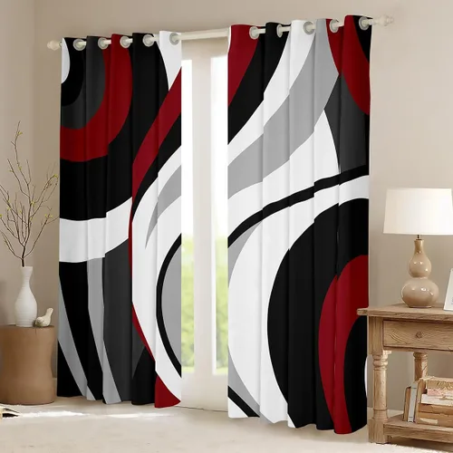 Miniatura 2 de Cortina de ventana de rayas rojas y negras, cortinas abstractas con ondas circulares, cortinas geométricas para tratamiento de ventanas para niños
