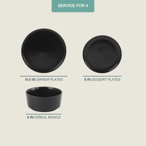 Miniatura 3 de Gibson Home Dempsey Road - Juego de vajilla de gres de 12 piezas – Servicio para 4, platos y cuencos redondos negros, juego moderno de platos