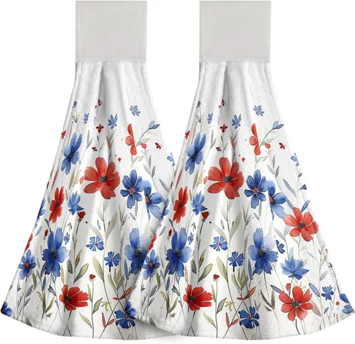 Miniatura 20 de Poppy Flower Hanging Hand Towels Set of 2,17x12 Inch Watercolor Chinoiserie Yellow Black Floral Soft Absorbent Dish Cloth Tie Towel for Kitchen