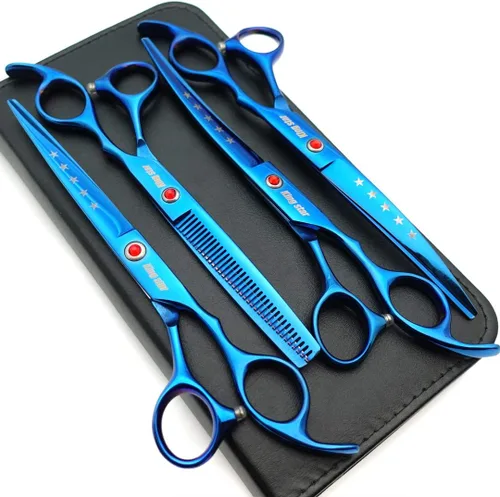 KINGSTAR Juego de tijeras profesionales de aseo de mascotas de 7.0 pulgadas, color azul titanio, tijeras rectas, adelgazantes y curvas, juego de 4