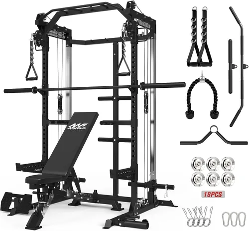 Miniatura 12 de Mikolo HR06 Power Cage with Aluminum Pulleys, 2000LB Power Rack with Independent Dual Pulley System, Multi-Function Home Gym Workout Machine for
