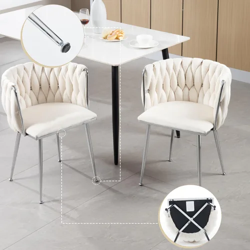 Miniatura 5 de Juego de 2 sillas de comedor de terciopelo, sillas de comedor tapizadas tejidas, sillones de ocio de lujo, sillas decorativas modernas con patas