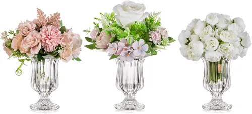 Glasseam Jarrones de vidrio para decoración, juego de 3 jarrones pequeños de compota, jarrones acanalados para centros de mesa, jarrón de pedestal
