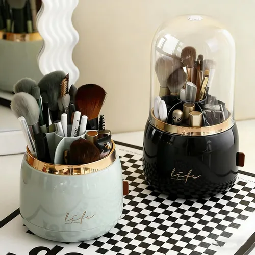 Miniatura 8 de Soporte giratorio para brochas de maquillaje con tapa, organizador de maquillaje transparente a prueba de polvo para encimera de tocador, incluye un