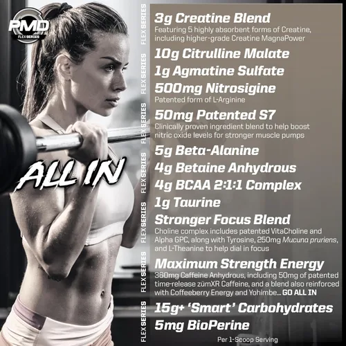 Miniatura 4 de PMD Sports Pump Fuel All in Insanity, Polvo Pre-Entreno Definitivo y Bomba Muscular, Energía de Máxima Fuerza, Concentración, Resistencia