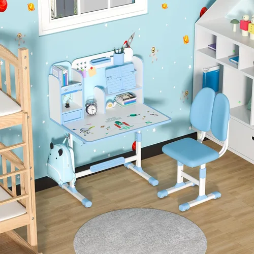 Miniatura 2 de Juego de escritorio y silla para niños, juego de mesa y silla de estudio para adolescentes, escritorio ergonómico para niños y estudiantes, Azul