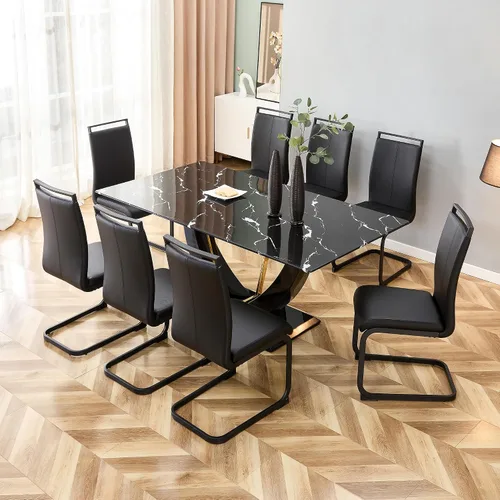 Miniatura 6 de Juego de mesa de comedor de 71 pulgadas para 8, juego de mesa de comedor de mármol sintético negro para 8, juego de mesa de cocina rectangular