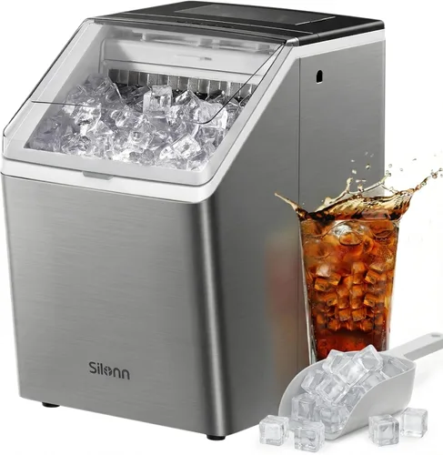 Miniatura 9 de Máquinas de hielo Silonn para encimera, 44 libras por día, 2 formas de añadir agua, autolimpieza automática, máquina de hielo de acero inoxidable