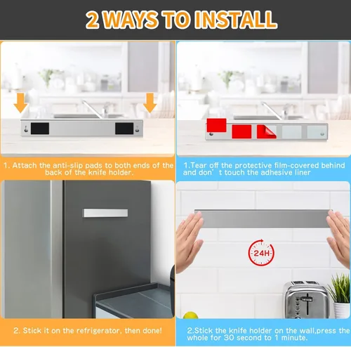 Miniatura 4 de Ninonly Portacuchillos magnético de 12 pulgadas para refrigerador, tira magnética de acero inoxidable de doble cara para pared, sin perforaciones