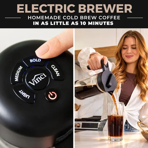 Miniatura 2 de VINCI Express Cold Brew, cafetera eléctrica en frío en 10 minutos, jarra de vidrio, 3 ajustes de fuerza de preparación y ciclo de limpieza, fácil
