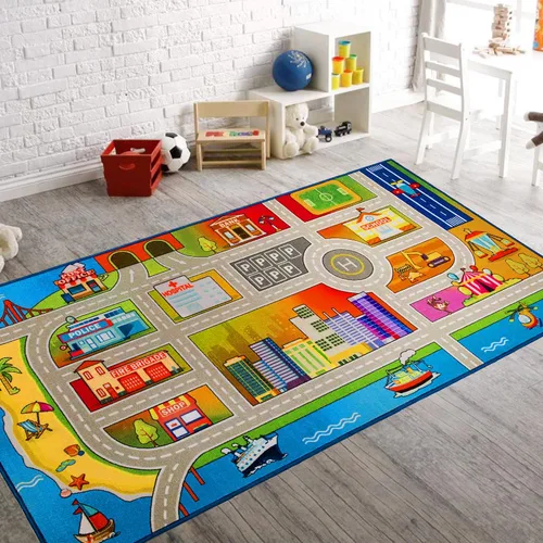 Miniatura 10 de Booooom Jackson Alfombra Infantil de Tren y Ciudad - Antideslizante, Lavable, Pista de Carreras de Coches para Niños y Niñas