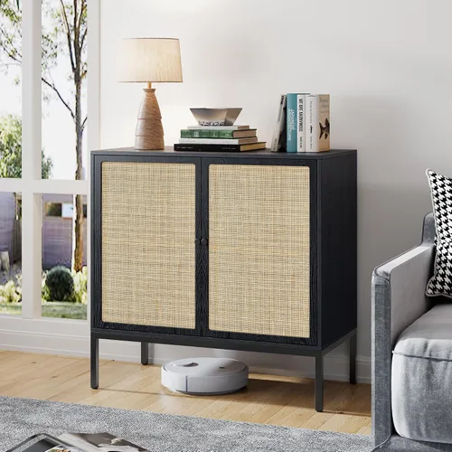 Miniatura 10 de Brafab Aparador negro con puertas decoradas de ratán natural, 31.5 pulgadas de ancho, armario de almacenamiento de ratán Credenza, gabinete bohemio