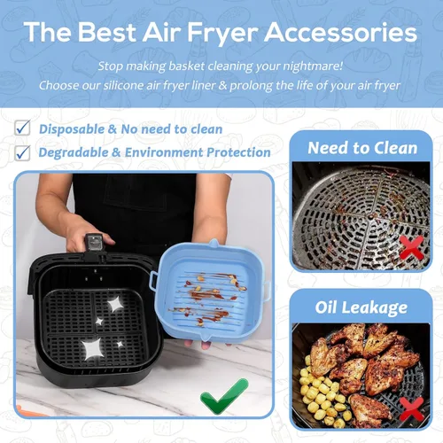Miniatura 2 de [Paquete de 2] Forros cuadrados de silicona para freidora de aire – Cesta reutilizable para freidora de aire – Olla fácil de limpiar para freidora