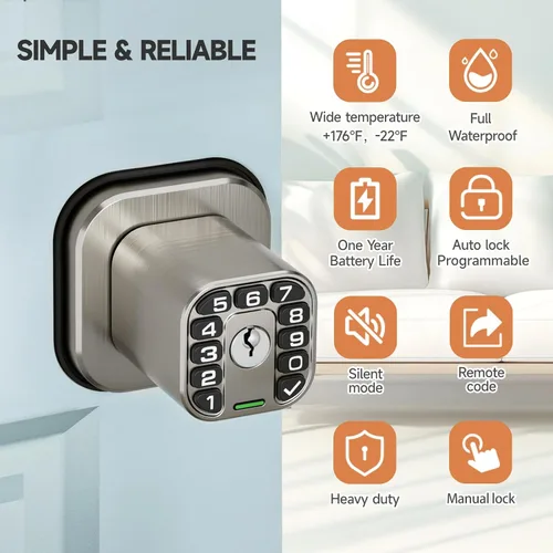 Miniatura 3 de Richelock Pomo de puerta cuadrado con teclado, cerradura de puerta de entrada Keylees con cilindro, bloqueo automático, impermeable y resistente a