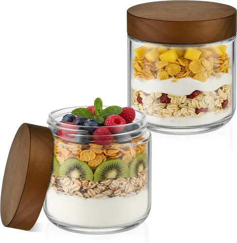 Bumobum Tarros de vidrio de 12 onzas con tapas, recipiente de vidrio con tapa hermética de madera de acacia, recipientes de boca ancha para pudín de