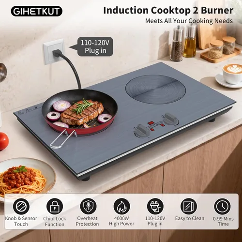 Miniatura 2 de GIHETKUT 2 burner Induction cooktop,110V 4000W induction hot plate with Brushed Panel,Knob Control,9 Power Levels, Kids Lock & Timer,LED touch