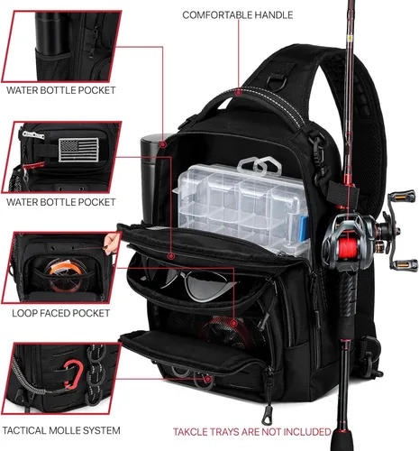 Miniatura 3 de Bolsa de pesca con soporte de caña de pescar, calcomanías fijas, sistema MOLLE, cebo suave y almacenamiento de equipos, regalo para hombres, negro