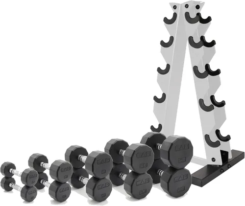Miniatura 39 de CAP Barbell Juego de mancuernas hexagonales recubiertas de 150 libras con estante vertical Múltiples opciones Estante azul