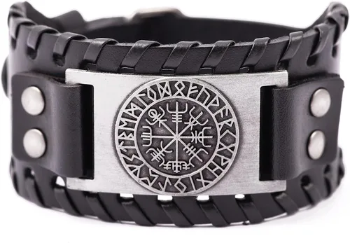 HAQUIL Pulsera vikinga wicca egipcia negra marrón ancha de cuero pulsera antigua medieval joyería regalo para hombres