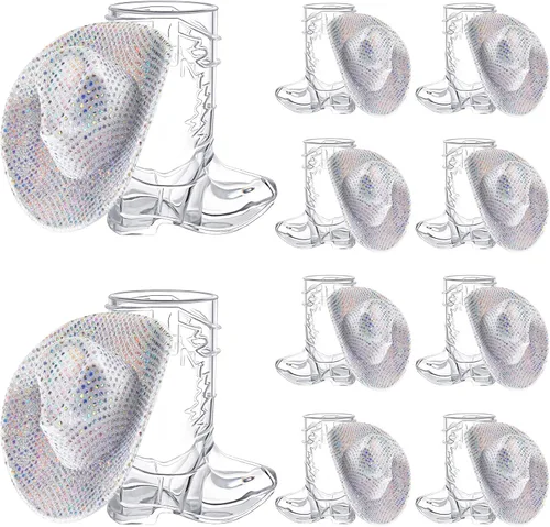 Vesici 20 vasos de tiro de bota de vaquero de 1 onza plateados, mini sombrero de vaquera occidental, decoración de fiesta de despedida de soltera,