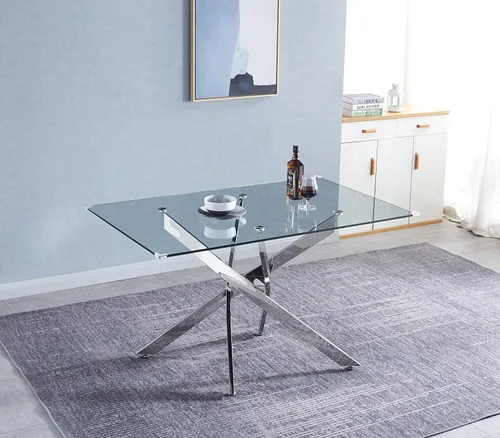 Miniatura 9 de Mesa de comedor rectangular moderna de vidrio, mesa de cocina de vidrio con parte superior de vidrio templado transparente y pedestal de base doble