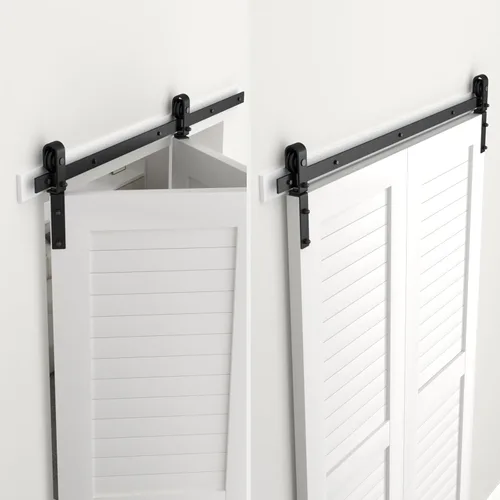 Miniatura 4 de Kit de herrajes para puerta de granero plegable y corrediza de 30", se desliza suave y silenciosamente, rodillo negro montado lateralmente, fácil