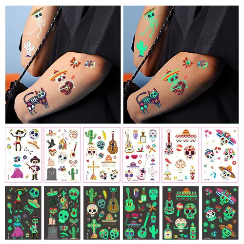 Miniatura 5 de 10 piezas de 100 tipos de tatuajes temporales luminosos de dibujos animados para niños, esqueletos de azúcar, esqueletos, piedras preciosas, flores