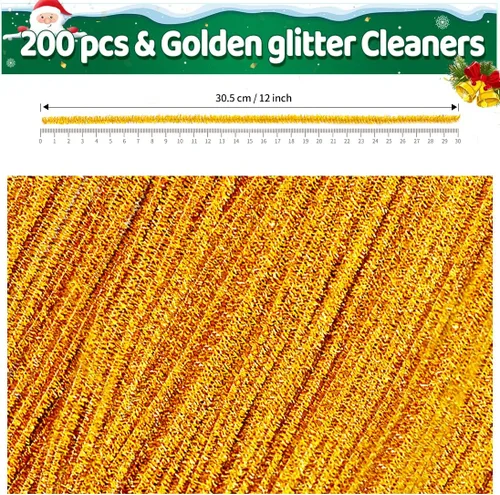 Miniatura 2 de Iooleem 200 limpiapipas dorados con purpurina, tallos de chenilla con purpurina, limpiapipas para manualidades, manualidades con limpiapipas