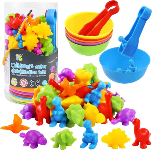 RAEQKS Juguetes de dinosaurios para contar y clasificar Montessori sensorial, juguete de clasificación con cuencos, actividades de aprendizaje