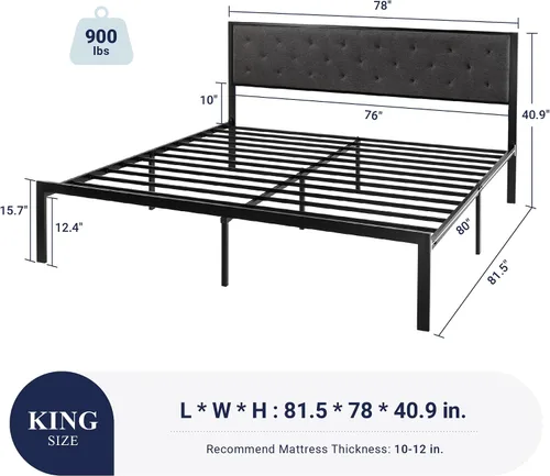 Miniatura 2 de Allewie Base de cama individual con cabecera tapizada de piel sintética, diseño elegante con costuras de diamante, no necesita somier, color negro