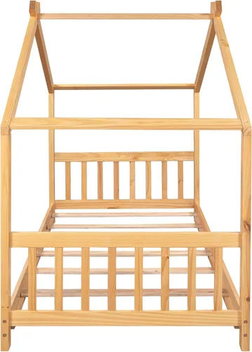 Miniatura 5 de Cama de casa de tamaño individual, cama de plataforma individual con cabecero y estribo, diseño de techo, muebles de dormitorio, natural