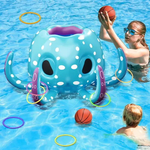 iPlay, iLearn Juguetes de piscina de pulpo para niños, juego inflable 2 en 1 para piscina, juego de aro de baloncesto y lanzamiento de anillo, juego