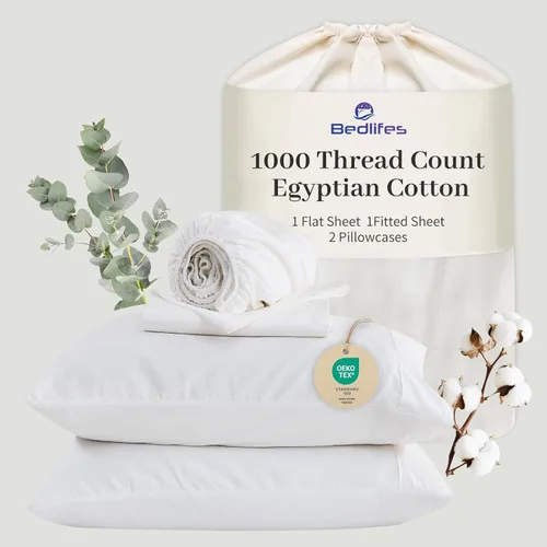Miniatura 25 de Bedlifes Sábanas de algodón egipcio de 1000 hilos, tamaño Queen, 4 piezas con bolsillo profundo de 16 pulgadas, ropa de cama ultrasuave refrescante