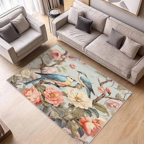 Miniatura 2 de Bird Flower Rugs for Bedroom 5x7 - Retro Floral Carpet for Living Room, 70s Rustic Washable Area Rug & Home Decor, Soft Low Pile Non Slip Indoor