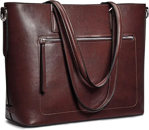 S-ZONE Bolso de mano de cuero genuino para mujer, maletín vintage, bolso de trabajo, bolso grande de 15.6 pulgadas, L