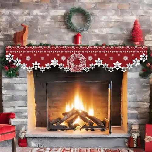Miniatura 7 de Nuanchu Bufanda de mantel de Navidad de 96 x 18 pulgadas, bufanda roja iluminada para chimenea con decoración de corona de copo de nieve, cubierta