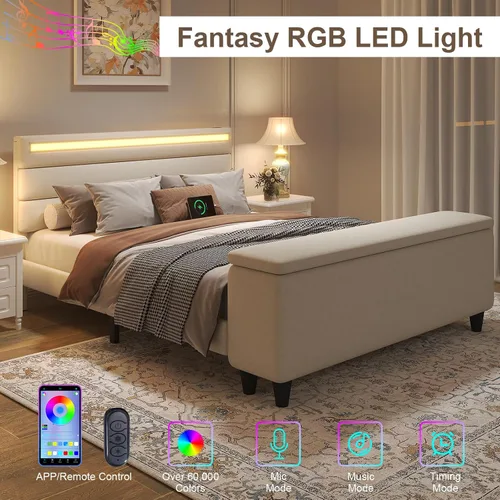 Miniatura 4 de E-Motie Marco de cama tamaño matrimonial con cabecero, cama tapizada con plataforma y otomano con almacenamiento, luces LED y estación de carga