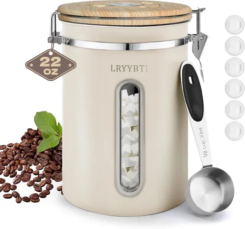 Miniatura 8 de Recipientes de café con ventana, cuchara y tapa hermética de acero inoxidable para almacenamiento de granos de café en la cocina (22 oz/negro)