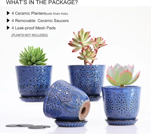 Miniatura 3 de Gepege Macetas para suculentas, maceta pequeña de cerámica para interiores de 4 pulgadas con agujeros de drenaje y platillos para plantas, color Azul