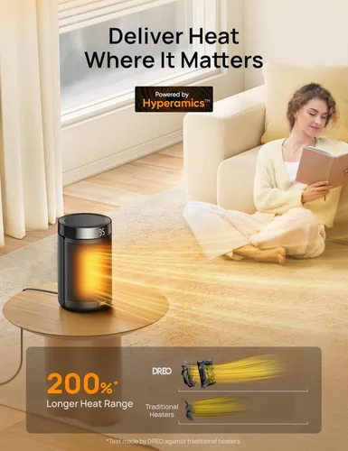 Miniatura 4 de Dreo - Calefactor eléctrico portátil de interior, con termostato, pantalla digital, temporizador 1-12 h, modo ecológico/ventilador, 1500 W PTC, Negro