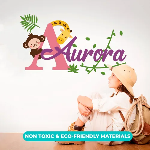 Miniatura 5 de Calcomanías de pared personalizadas de mono y jirafa para bebé niña o niño, nombre personalizado e inicial para decoración de pared de guardería