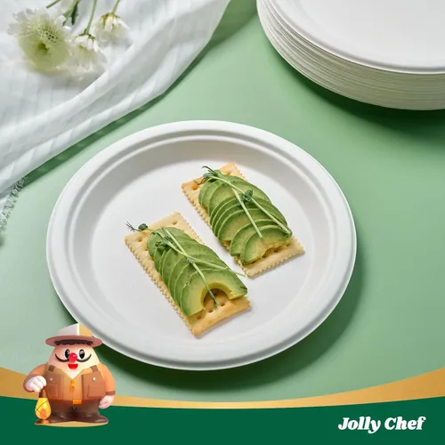 Miniatura 4 de JOLLY CHEF Platos compostables resistentes de 10 pulgadas [paquete de 125] Platos desechables ecológicos blancos hechos de bagazo biodegradables