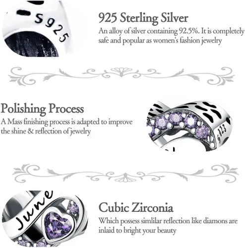 Miniatura 5 de Abalorio de piedra natal de noviembre de plata de ley 925 para pulsera, collar, día de la madre (junio), Plata esterlina
