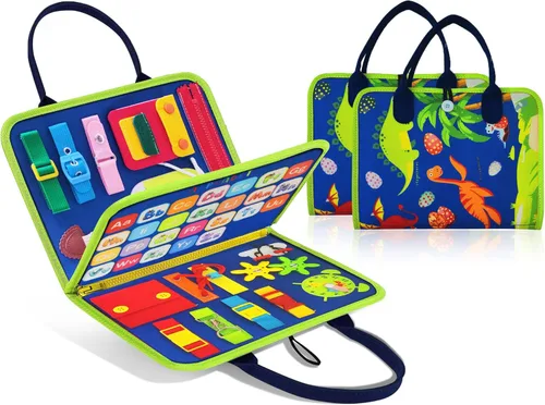 LearnToy Juguete de aprendizaje Montessori de dinosaurio para niños pequeños de 3 a 5 años, tablero sensorial ocupado con actividades educativas,