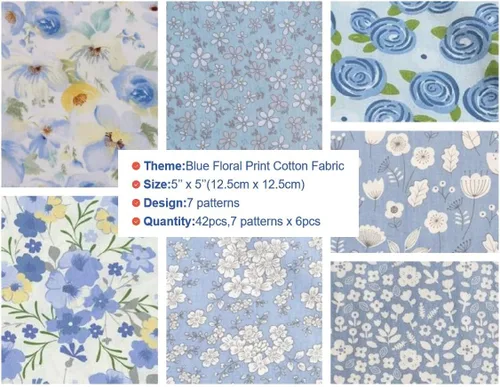 Miniatura 3 de Cuadros de tela de algodón 100% para niños, suministros de acolchado de 5 pulgadas, paquetes precortados de tela floral azul en liquidación